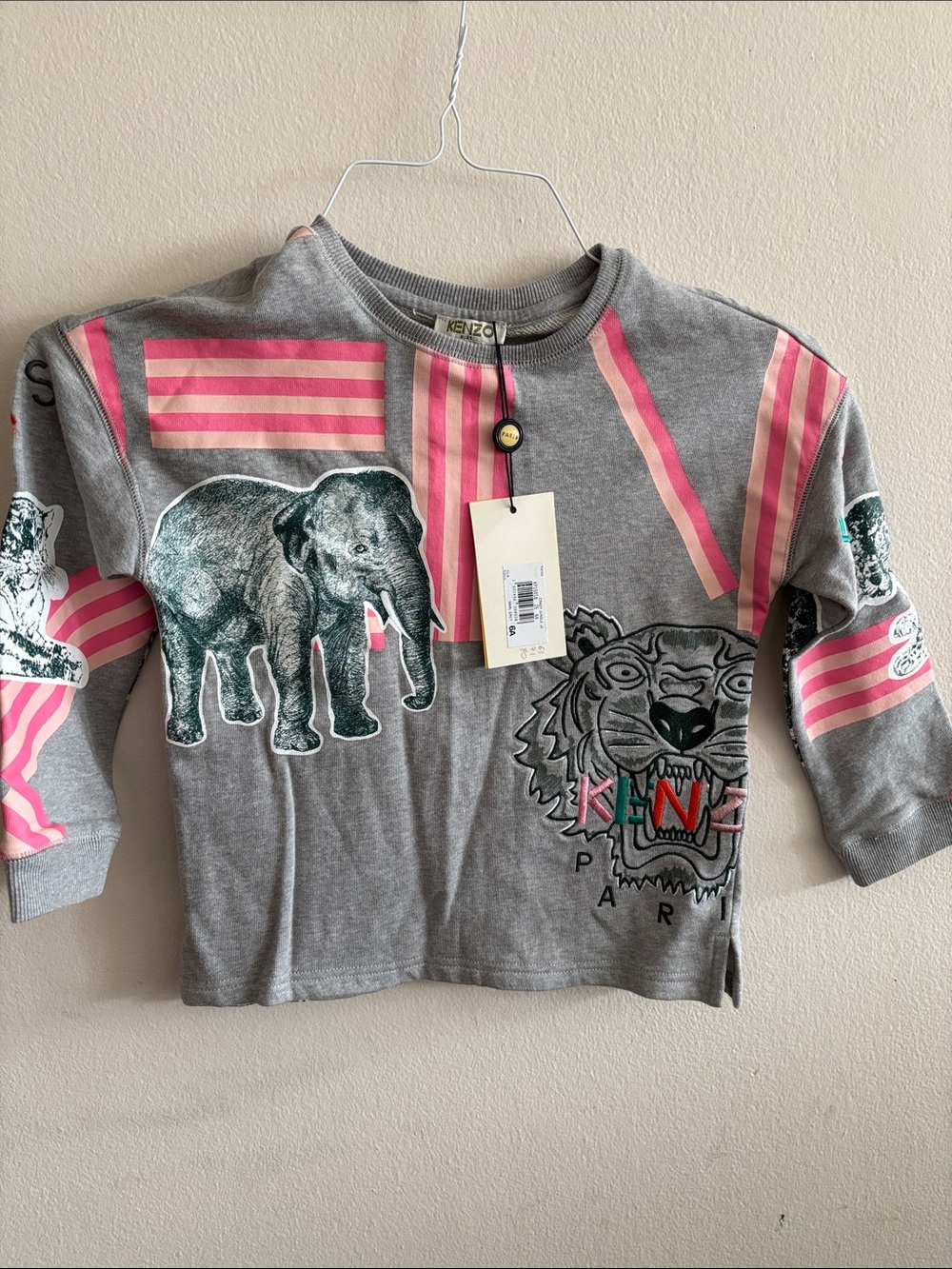 Kenzo Kids Grey Long-Sleeve Top with Pink Stripe Accents and Animal Graphics